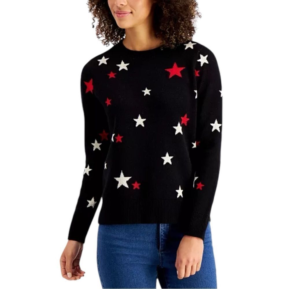 Macy's Charter Club Signature Star Pattern Jacquard Crewneck Sweater, Size Small